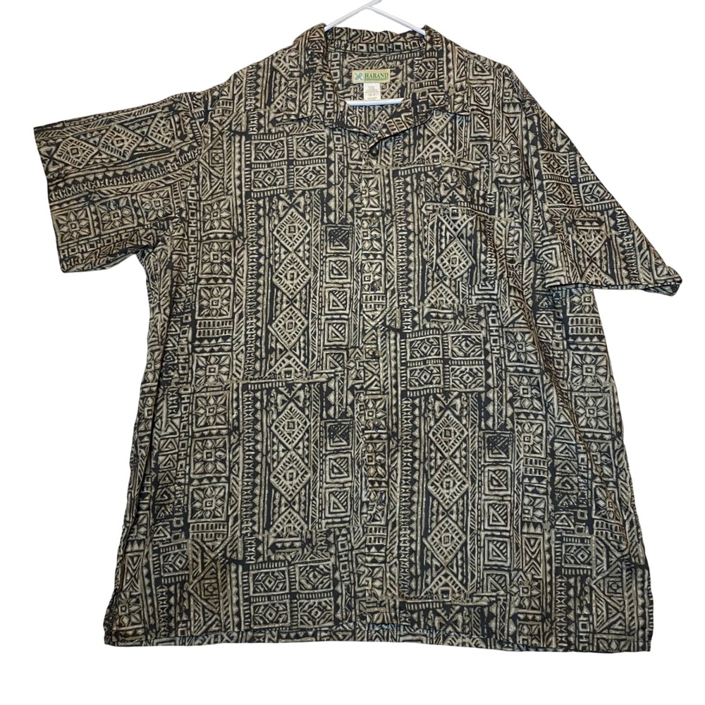 Haband 2XL Mens Beige & Black Abstract Aztec Print Short Sleeve Button Up‎ Shirt